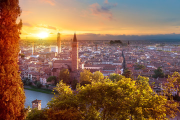 Beautiful sunset aerial view of Verona. Veneto region in italy. Verona sunset cityscape.