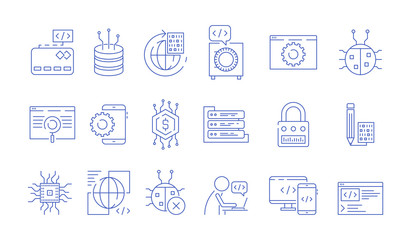 Coder icons. Programmer computer software expert input ends execute cluster bugs fix testing systems java code vector symbols. Illustration of software programmer, system programming and coding
