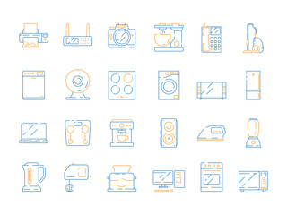 Home electrical icons. Household modern appliance equipment microwave computer gadgets refrigerator tv vector colored thin symbols. Equipment electric mixer and tv, appliances of kitchen illustration