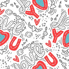 Fototapeta na wymiar Seamless vector background with hearts, arrows, ringlets, flowers, love. illustration for fabric, scrapbooking paper and other. 