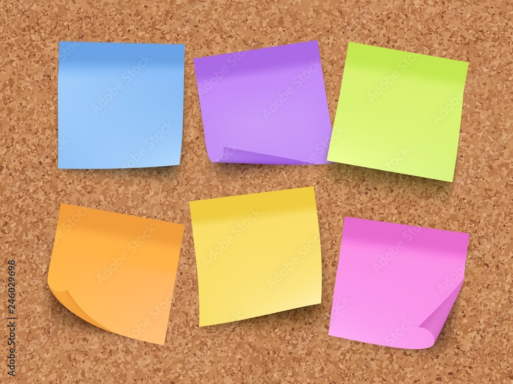 Poster sticky empty notes. corkwood board on wall with memo colored papers with pin and clips vector realis