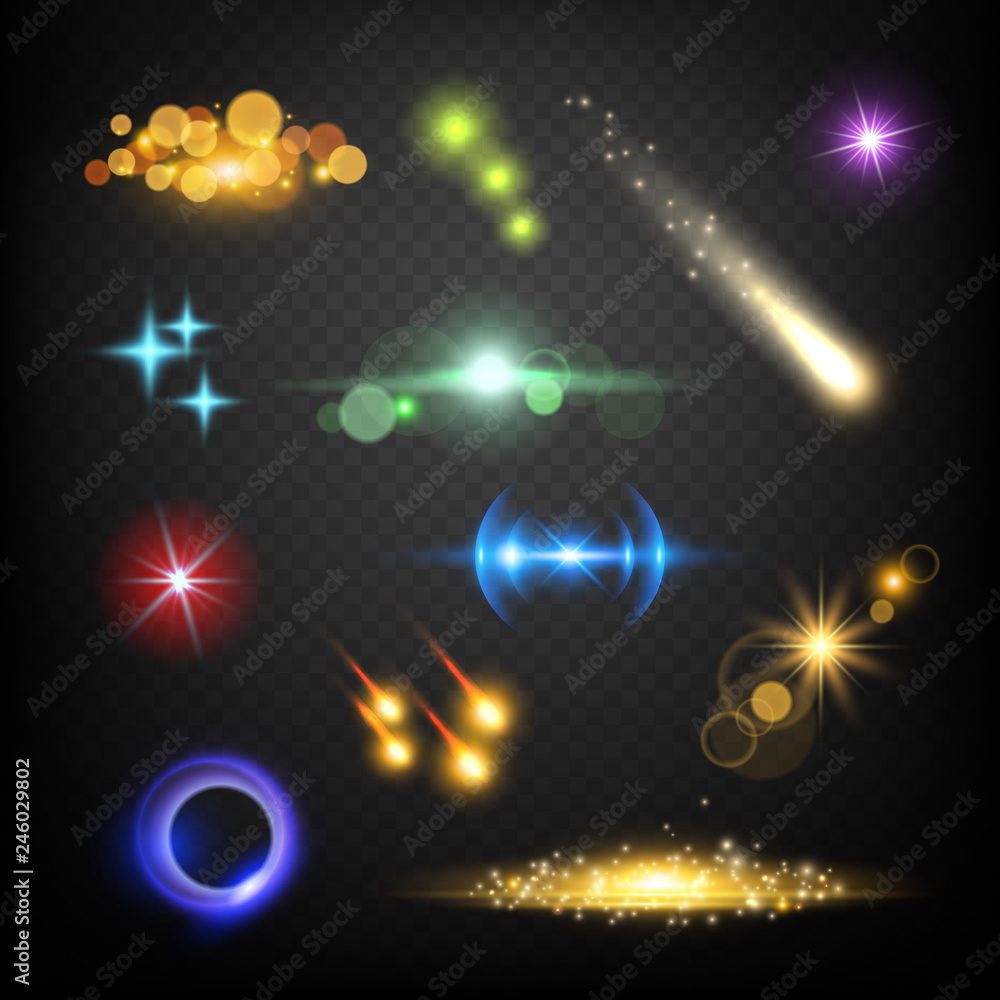 Aufkleber glow lens effects. glares bokeh circles burst fireworks lightning vector abstract template. lightnin
