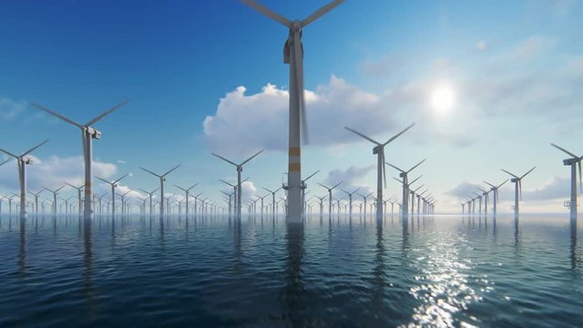 Offshore windmills against beautiful sky, flight oversea, 4K
