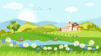 Panorama view of spring village with green meadow on hills with blue sky, Vector Summer or Spring landscape, Panoramic countryside landscape green field with grass flowers on mountains and farmhouse.