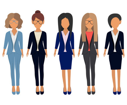 Women in elegant office clothes. Beautiful women in office clothes. Beautiful young women with different hairstyles. Brunette, blonde, light brown and chestnut hair. Vector illustration
