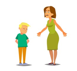 Angry mother wags finger at guilty sonTeacher berate unhappy schoolboy. Upset mom reprimand sad kid. Flat vector character illustration
