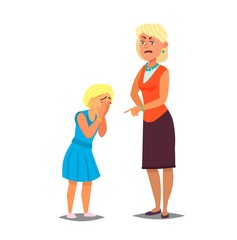 Mother reprimanding disobedient child. Kid crying rubbing eyes with hands.