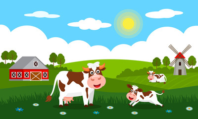 Cute cows and funny calves graze on green grass against a background of rural summer landscape, farm and mill. Flat vector illustration