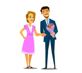 Surprise for her. Rear view of young man holding red rose behind his back while woman walking in the background