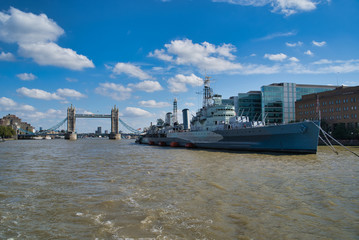 LONDON, UK - SEPTEMBER 9, 2018: Military Cruiser Belfast (HMS Belfast) is the pride of the British...