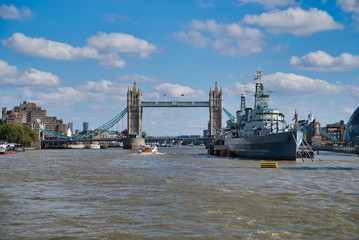 LONDON, UK - SEPTEMBER 9, 2018: Military Cruiser Belfast (HMS Belfast) is the pride of the British...