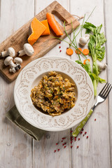 pasta with mushroom pumpkin carrots anf red pepper