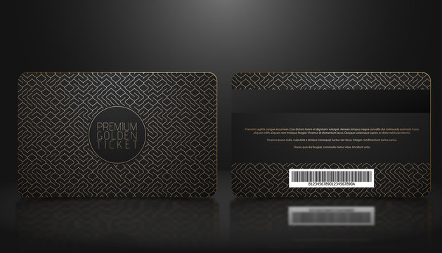 Vector template of membership or loyalty black VIP card with luxury golden geometric pattern. Front and back design presentation. Premium member, gift plastic card.