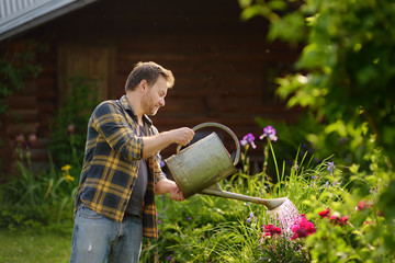 Handsome middle age man watering flowers in the yard in the summer.