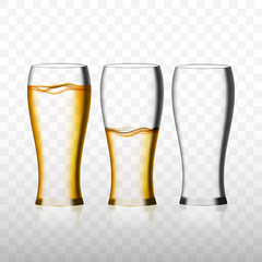 Empty and full beer glass for drinking alcohol beverage