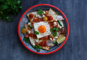 Chilaquiles Mexican tortilla with tomato salsa, chicken and egg close-up on a plate. Horizontal view from above