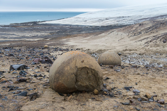 Giant stone sphere, Champ Island, Franz Josef Land archipelago, Arkhangelsk Oblast, Arctic, Russia