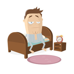 tired cartoon man getting up from the bed