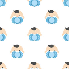 Seamless pattern baby boy child face with blue nipple on a white background. Vector cute children graphic textile print.