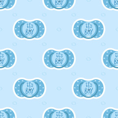 Seamless pattern baby child nipple on a blue background with hand drawn dots. Vector cute children graphic textile print with text - it's a boy. Trendy ornament fabric design