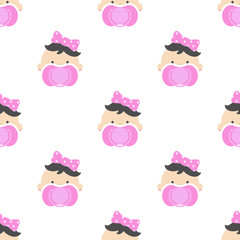 Seamless pattern baby girl  child face with pink nipple on a white background. Vector cute children graphic textile print.