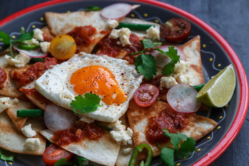 Mexican breakfast: chilaquiles with egg, avocado and vegetables close-up on a plate