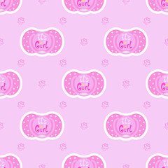 Seamless pattern baby child nipple on a pink background with hand drawn flowers. Vector cute children graphic textile print with text - it's a girl. Trendy ornament fabric design