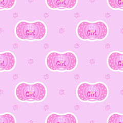 Seamless pattern baby child nipple on a pink background with hand drawn flowers. Vector cute children graphic textile print with text - it's a girl. Trendy ornament fabric design