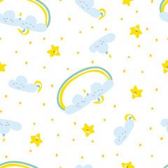 Cute blue little cloud, rainbow and smile yellow stars hand drawn children vector illustration. Baby graphic shower for kids t-shirt seamless pattern.  Cartoon sky for fabric textile print.