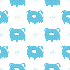 Cute blue little dog hand drawn children vector illustration. Baby graphic shower for kids t-shirt seamless pattern. Doggy with footprint on white background. Cartoon animal for fabric textile print.