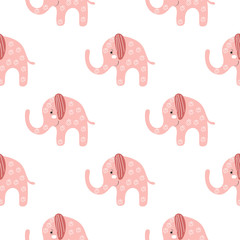 Cute pink girl elephants seamless pattern. Beautiful baby graphic textile print. Child shower illustration