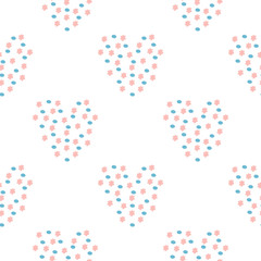 Stylized hearts love seamless pattern with pink flower and blue drop. Beautiful baby graphic textile print