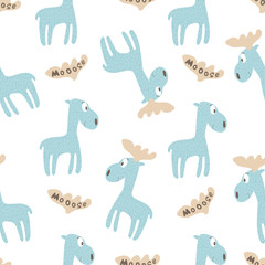 Cute blue elk hand drawn children vector illustration. Baby graphic for kids t-shirt seamless pattern. Moose with font on horns on white background. Cartoon animal for fabric textile print.