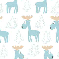 Cute blue elk hand drawn children vector illustration. Baby graphic for kids t-shirt seamless pattern. Moose with trees on white background. Cartoon animal for fabric textile print.
