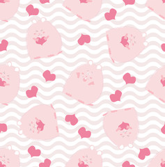 Kid fashion graphic with smile pink hamster or guinea pig with heart. Vector hand drawn illustration.  Baby seamless pattern print. St valentine day love textile design with cute animal on color wave.