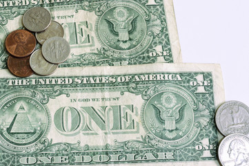 one dollar bills quarter dime and cent coins