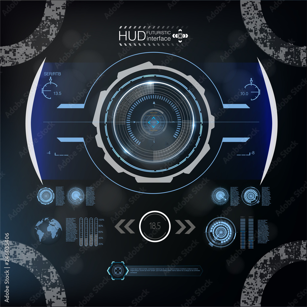 Poster set of futuristic blue infographics as head-up display. display navigation elements for the web and 