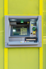 ATM machine. Cash withdrawal from ATM. Clean screen, put your text there. Template.