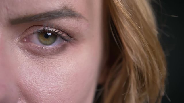 Closeup half-face portrait of adult caucasian female face with green eye looking straight at camera