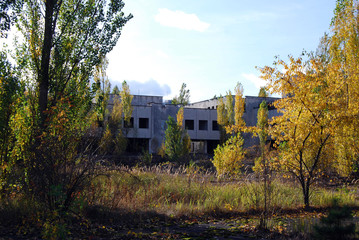 Fototapeta na wymiar The abandoned streets and buildings in the town of Pripyat in the Chernobyl Exclusion Zone, Ukraine