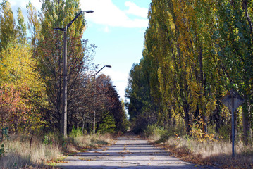 The abandoned streets and buildings in the town of Pripyat in the Chernobyl Exclusion Zone, Ukraine