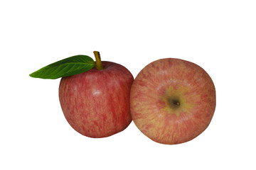 Fresh apple with green leaves on white isolated background