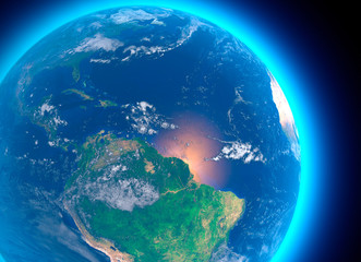 Vista satellitare dell'Amazzonia, cartina geografica, stati del Sud America, rilevi e pianure, cartina fisica. Disboscamento foresta © Naeblys