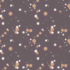 Messy circles of different sizes on dark violet background. Grunge seamless pattern with round shapes, dots. Colorful dotted texture. Geometric wrapping paper. Vector illustration.