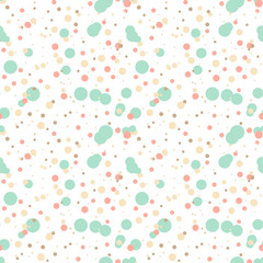 Festive seamless pattern with colorful round paint splatters. Messy overlay circles on white background. Dotted texture. Chaotic grunge dot. Geometric wrapping paper. Vector illustration.