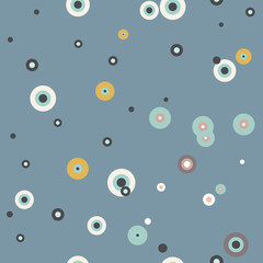 Blue seamless pattern with colorful round shapes, circles, rings. Messy overlay circles on gray background. Dotted texture. Chaotic grunge dot. Geometric wrapping paper. Vector illustration.