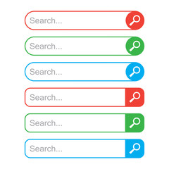 Obraz premium Set of search bars, template for internet searching. Web search field. Red, green and blue colors. Vector illustration