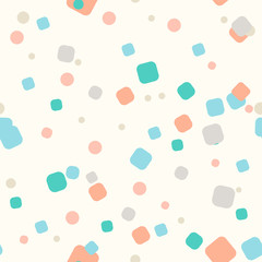 Pastel messy round rectangles and dots on creme background. Festive seamless pattern with orange, pink, blue, gray, green round shapes. Grunge dotted texture. Vector illustration.