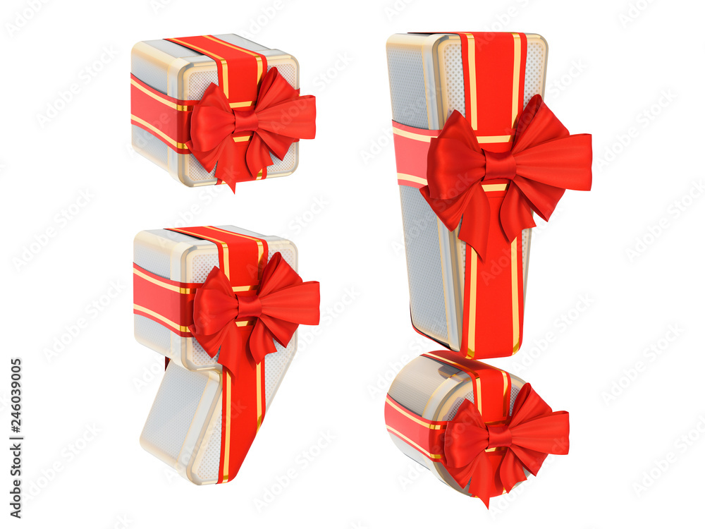Poster punctuation marks from gift boxes with red ribbon bow, 3d rendering