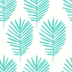 Fototapeta na wymiar Tropical background with blue hand drawn palm leaves on white. Tropic seamless pattern. Vector.